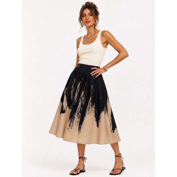 Eva Franco Dresses & Skirts - Eva Franco Black & Tan Paint-Brush Midi Skirt